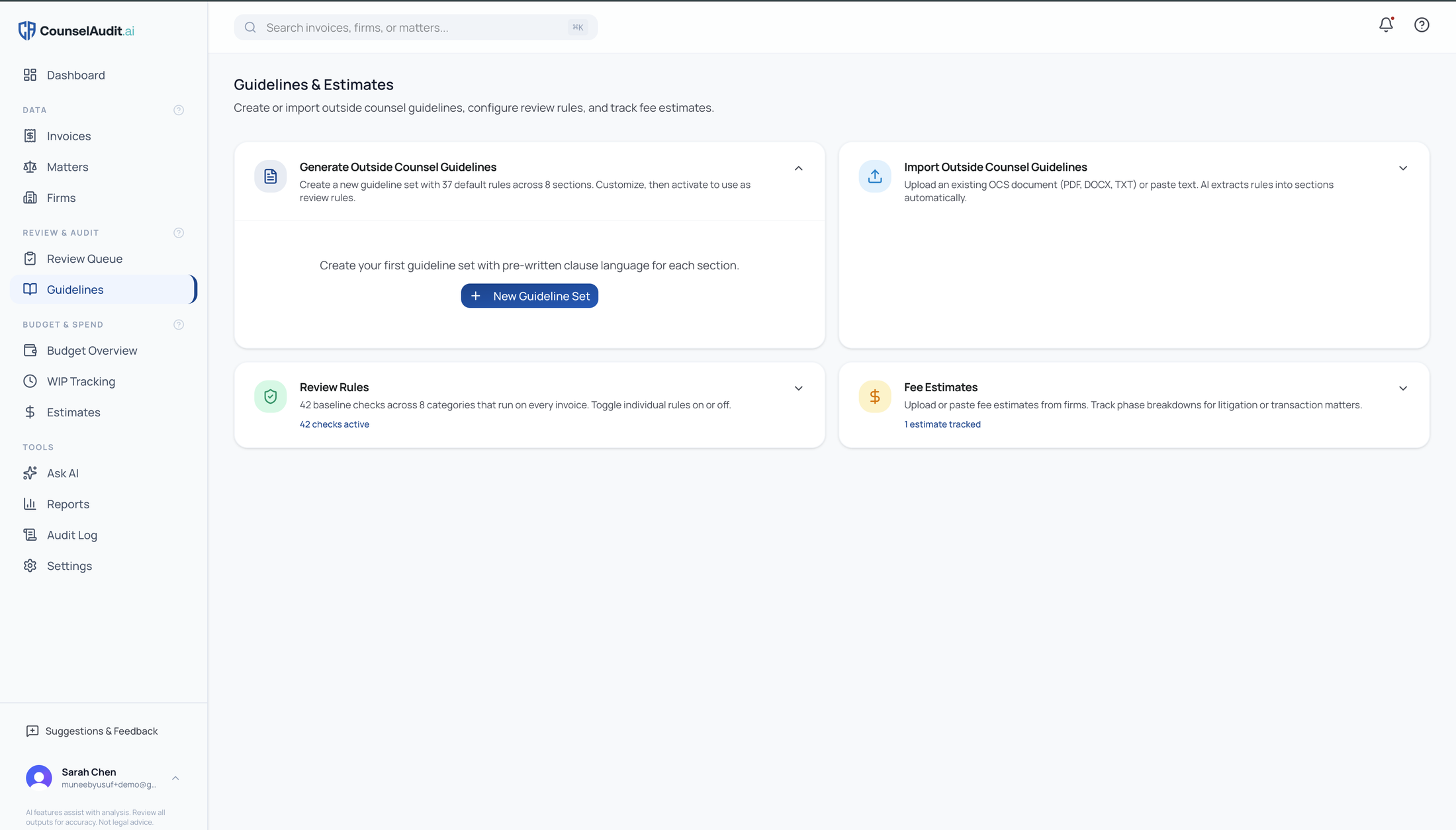 CounselAudit.ai guidelines and estimates hub with options to generate outside counsel guidelines, import an existing set, and manage baseline review rules.