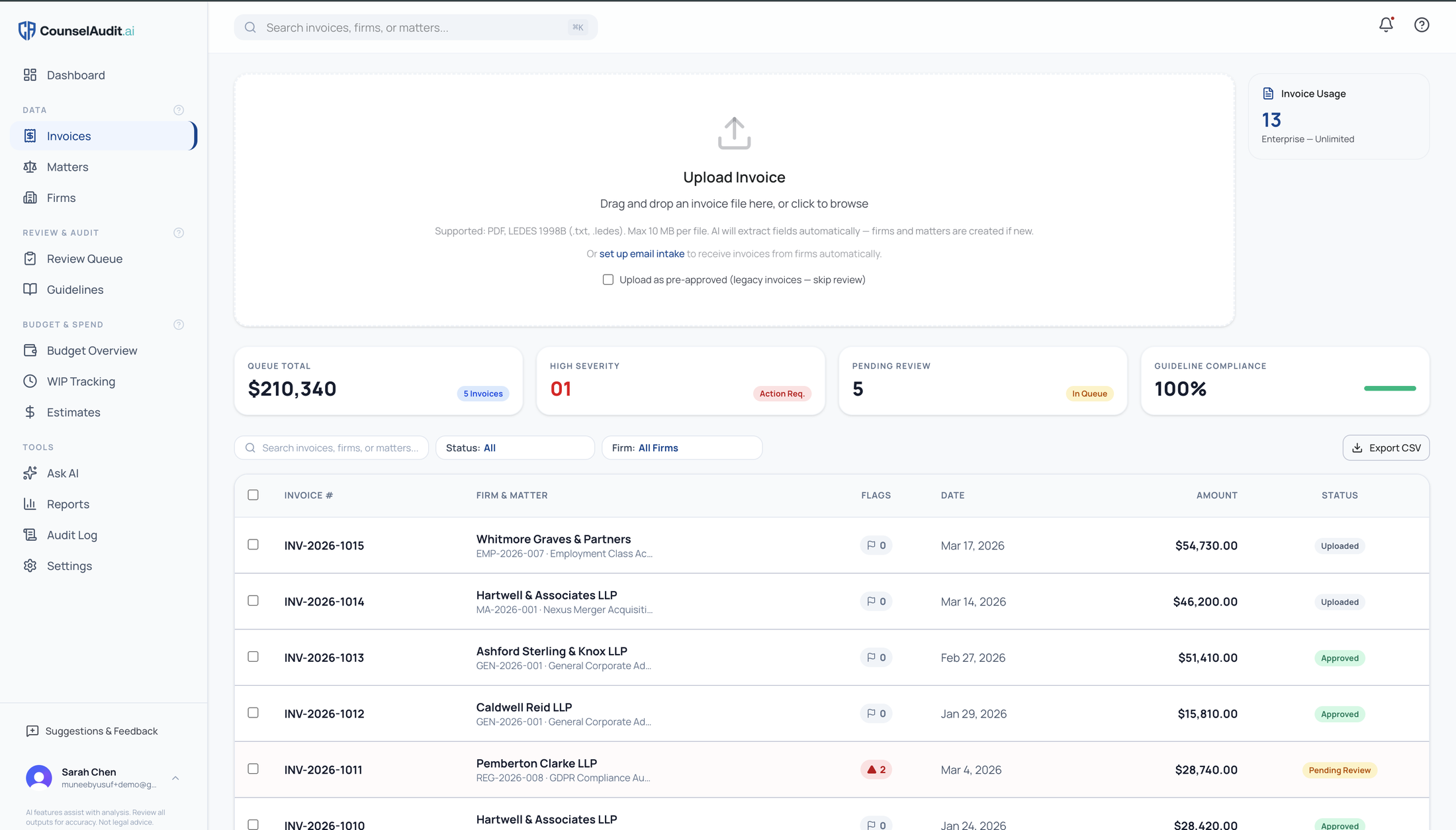 CounselAudit.ai invoice intake screen with a drag and drop upload zone, email intake option, and the invoice queue listing flags and status per invoice.