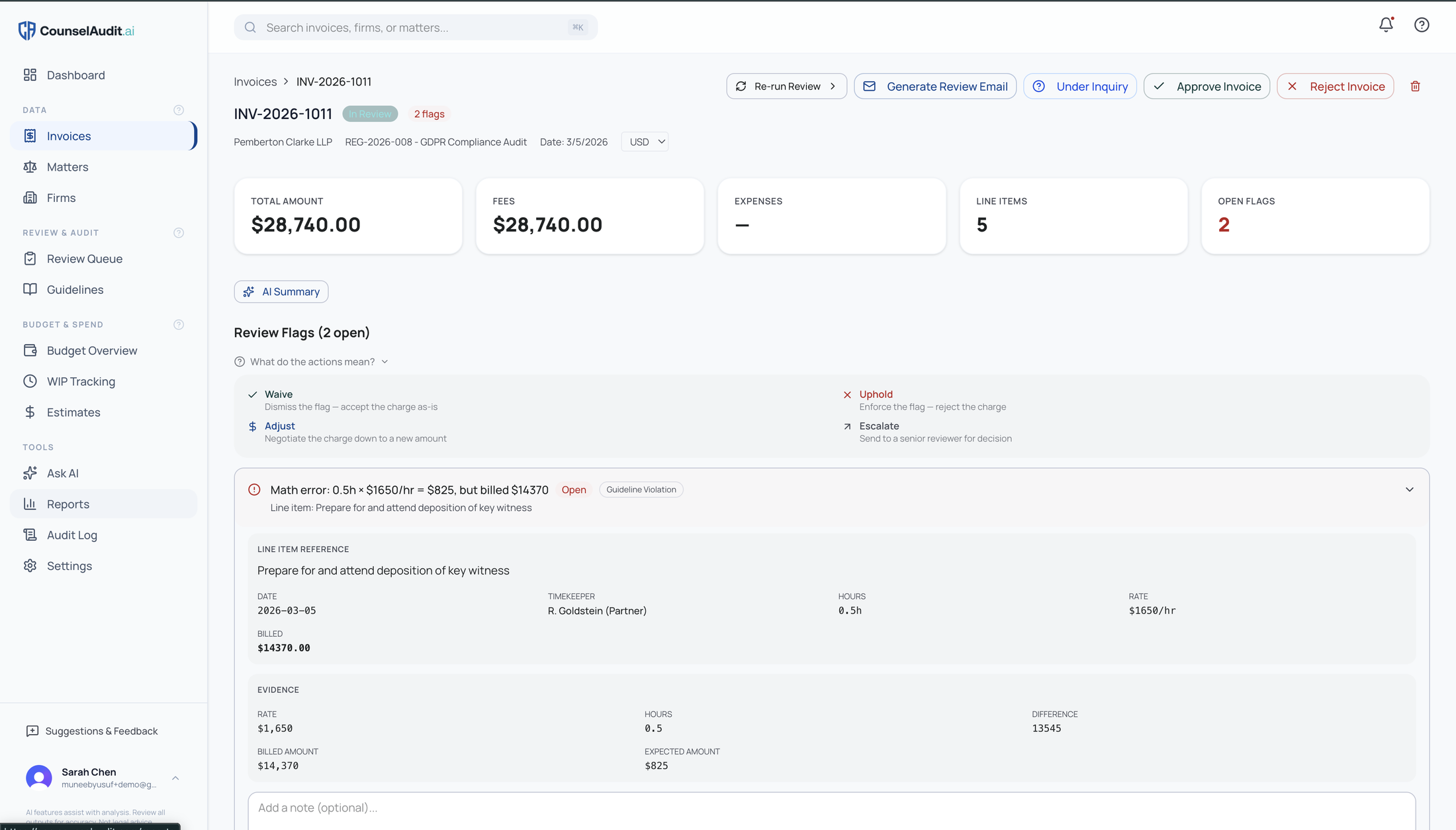 CounselAudit.ai invoice review screen showing a math error flag with full evidence: 0.5 hours at 1,650 dollars per hour billed as 14,370 dollars.
