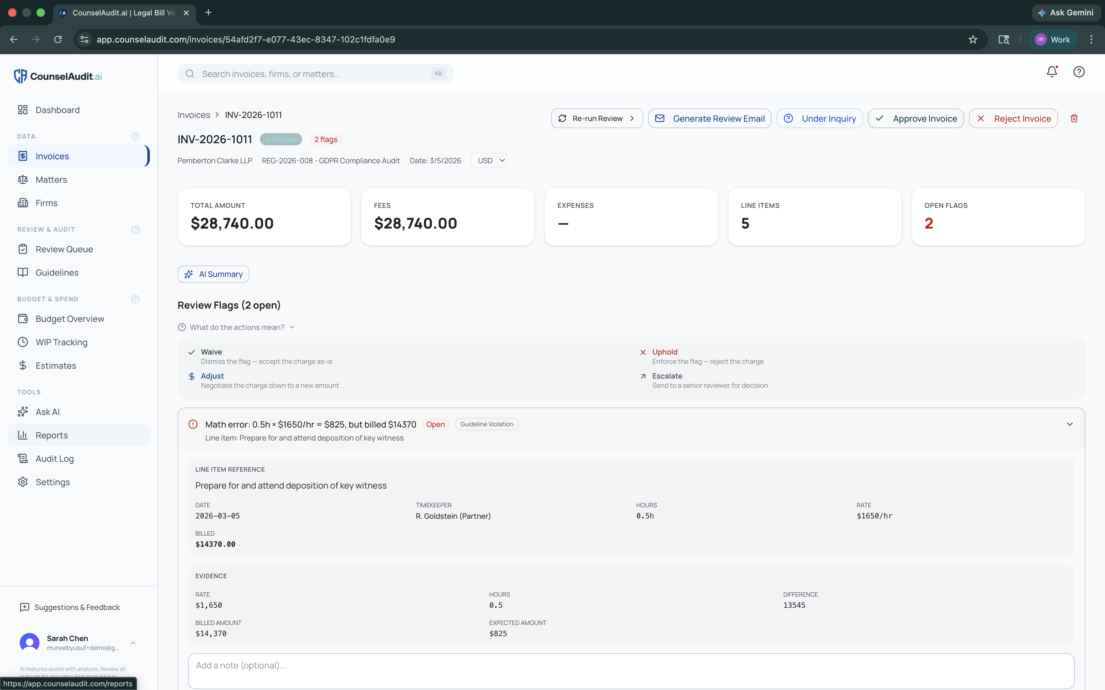 CounselAudit.ai invoice review showing flagged line items with math error detection